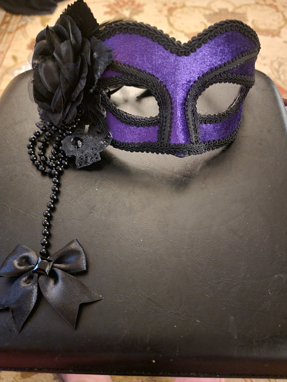 Purple and Black Venetian-Style Masquerade Eye Mask with Bead Tassel